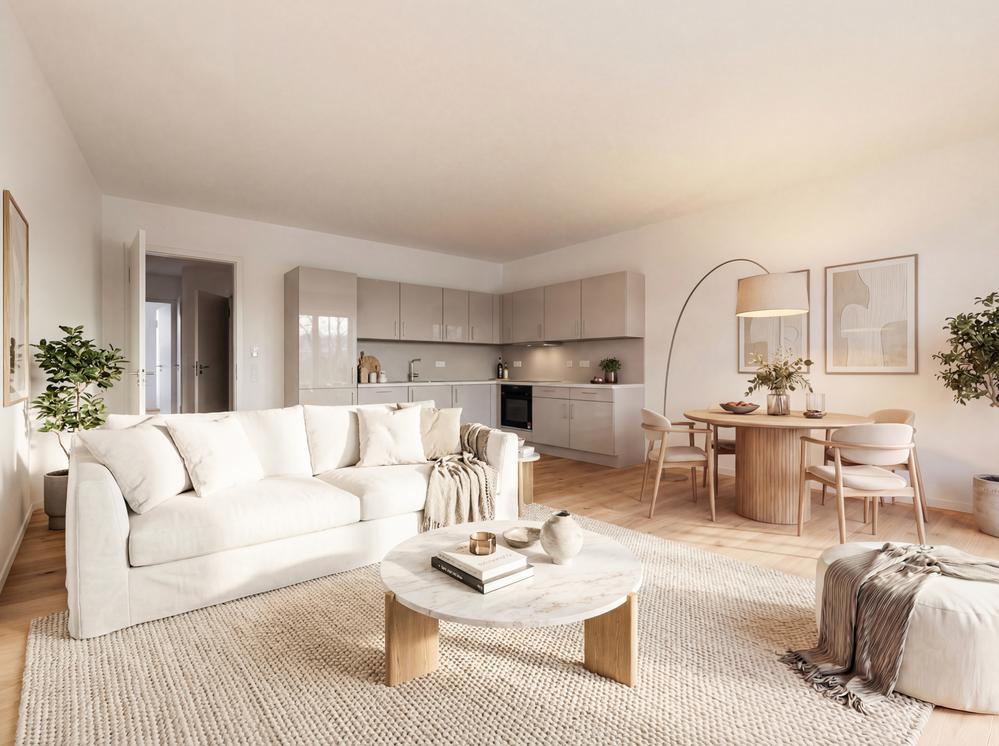 Bild Neubau Eigentumswohnungen, THE AMBIENCE, Berlin: Wohnbereich mit Küche und Esszimmertisch