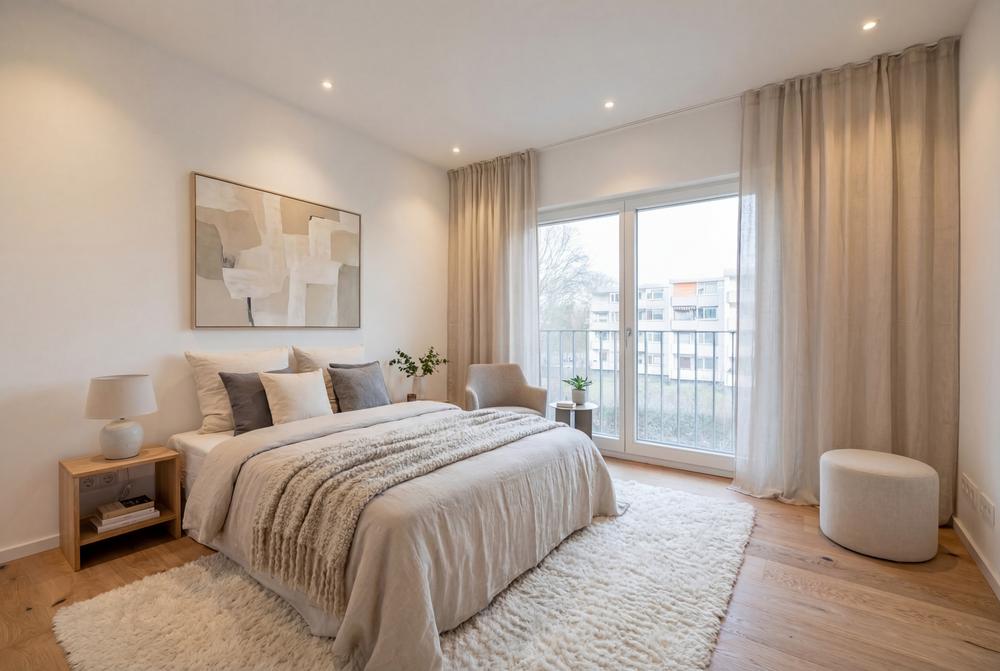 Bild Neubau Eigentumswohnungen, THE AMBIENCE, Berlin: Schlafzimmer mit bodentiefer Fenstertür