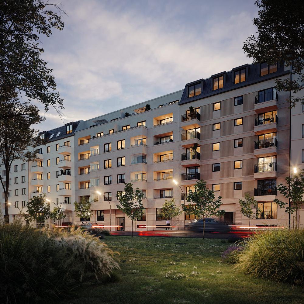 Bild Neubau Eigentumswohnungen, THE AMBIENCE, Berlin: Vorderseite Mehrfamilienhaus bei Abenddämmerung