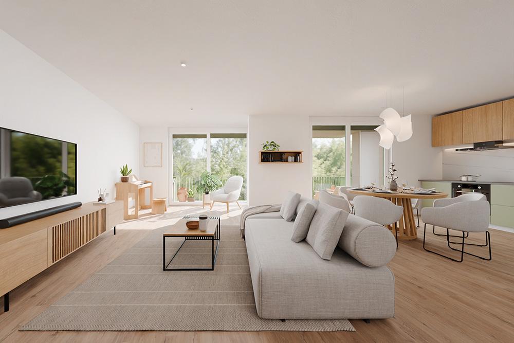 Bild Neubau Eigentumswohnungen Bahnhofstraße Bernau bei Berlin: Visualisierung eines hellen Wohnzimmers