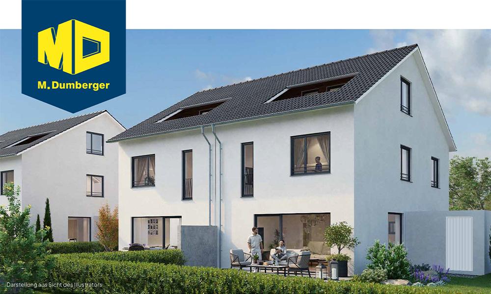 Bild Neubau Häuser Altmühlstraße Schwabmünchen: Visualisierung eines Doppelhauses mit Anbieterlogo