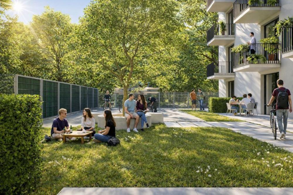 Bild Neubau Eigentumswohnungen Blumenwerder in Eberswalde: Visualisierung eines Gemeinschaftsbereich mit Menschen umgeben von Grün