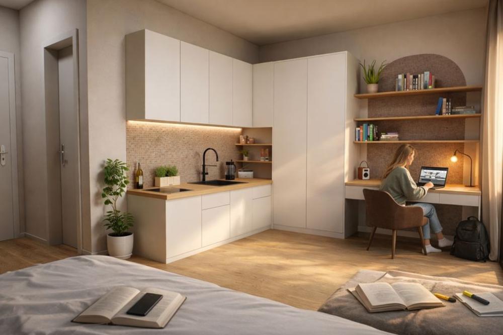 Bild Neubau Eigentumswohnungen Blumenwerder in Eberswalde: Innenvisualisierung eines Apartments mit Blick auf Bed, Küche und Schreibtisch