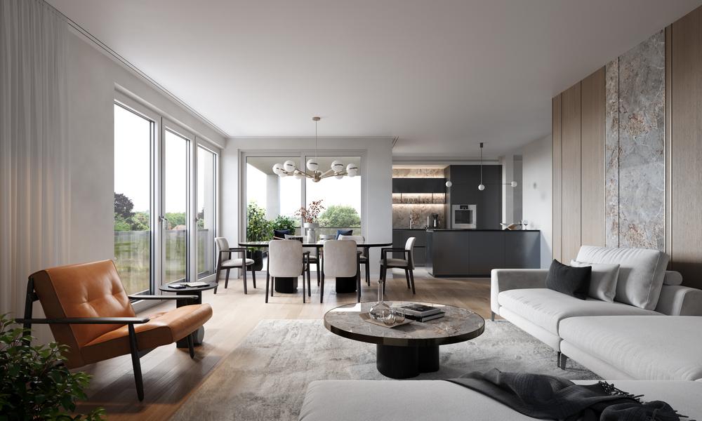 Bild Neubauprojekt Quartier Thaerstraße 1-7, Wiesbaden: Wohnraum mit bodentiefen Fenstern