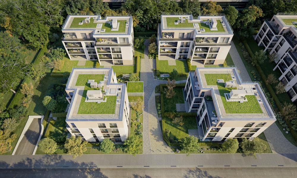 Bild Neubauprojekt Quartier Thaerstraße 1-7, Wiesbaden: Vogelperspektive Wohnquartier mit begrünten Dächern