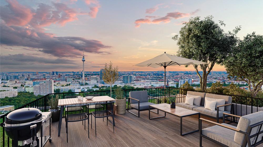 Bild Neubau Eigentumswohnungen Landsberger Allee Berlin: Bild einer Dachterrasse mit Blick auf Berlin