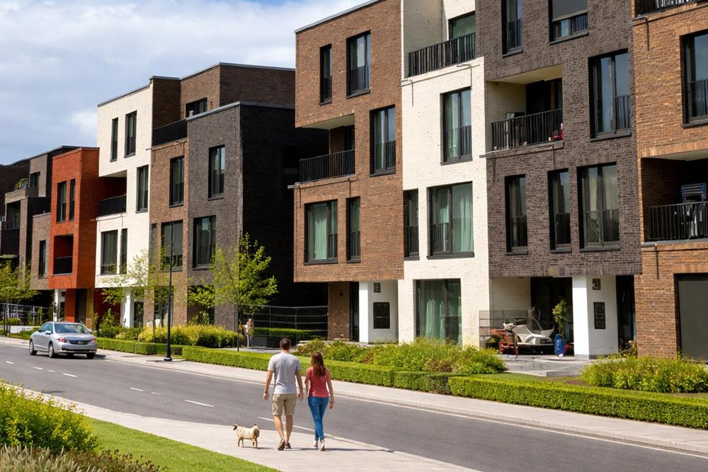 Bild Neubau Eigentumswohnungen Kaskadenpark Hamburg: Außenvisualisierung von Mehrfamilienhäuser an der Straße