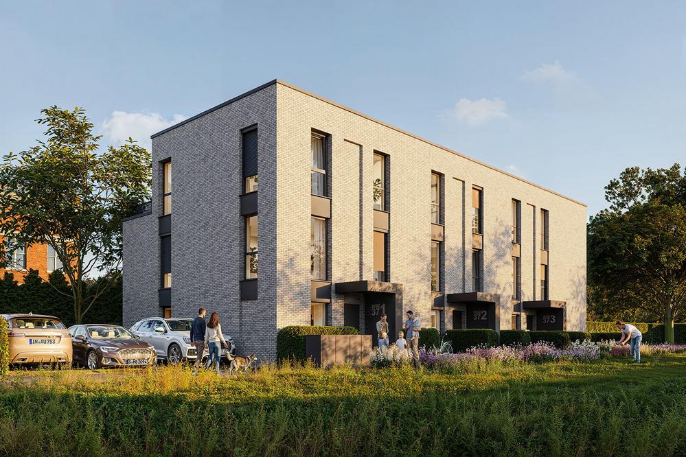 Bild Neubau Reihenhäuser TRIWALD, Hamburg: Blick auf Reihenhäuser umgeben von Wiese und Bäumen