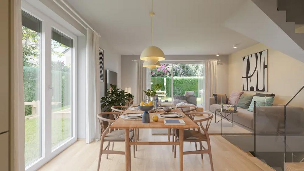 Bild Neubau Häuser Goldgrabenstraße Hofheim am Taunus: Visualisierung einer offenen Wohnküche mit Blick zur Terrasse