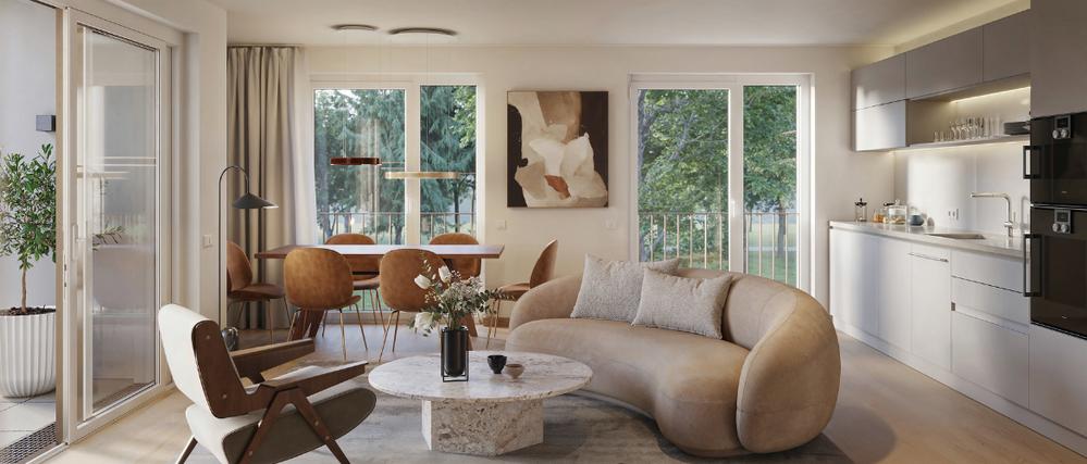 Bild Neubau Eigentumswohnungen Wildbader Straße Stuttgart: Visualisierung eines hellen Wohnzimmers