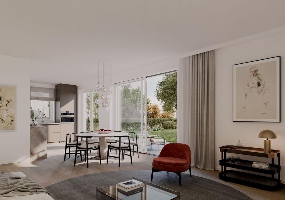 Bilder Neubauprojekt HN5 - Hans-Heiling-Straße 5, München: Wohnbereich mit Küche und Zugang zur Terrasse