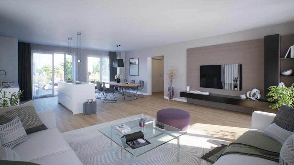 Bild Neubau Eigentumswohnungen Ruschenstraße Essen: Visualisierung eines hellen Wohnzimmers