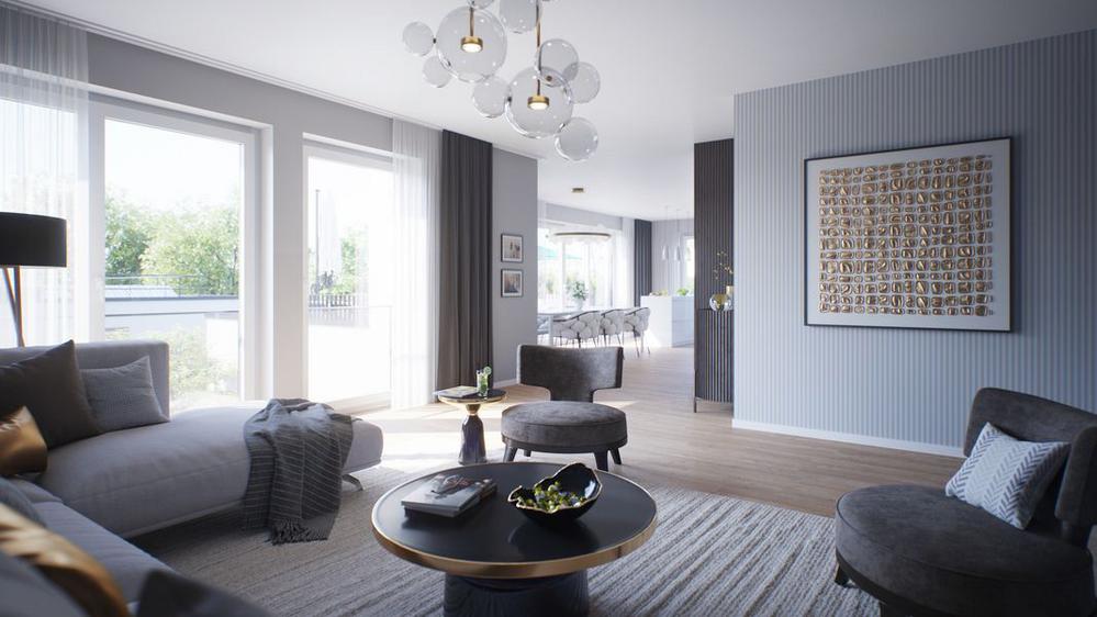 Bild Neubau Eigentumswohnungen Ruschenstraße Essen: Visualisierung eines hellen Wohnzimmers