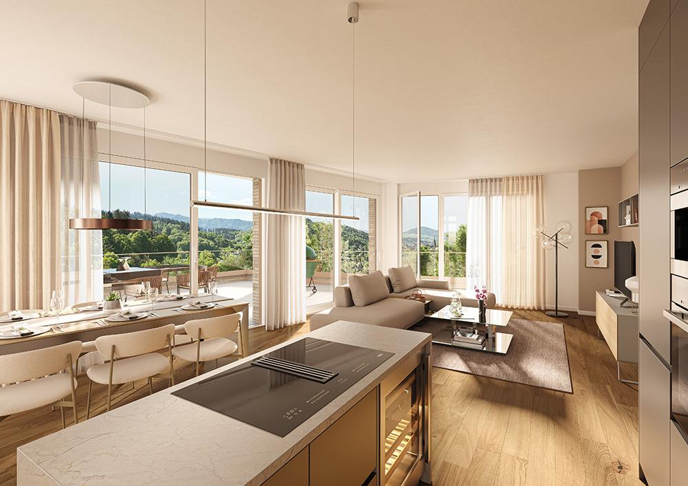 Bild Neubau Eigentumswohnungen Neubauprojekt Tre Zen Freiburg im Breisgau: Visualisierung eines hellen Wohnzimmers