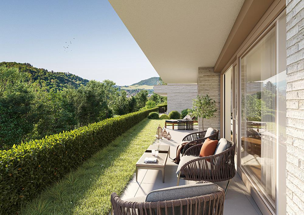 Bild Neubau Eigentumswohnungen Neubauprojekt Tre Zen Freiburg im Breisgau: Visualisierung einer Gartenterrasse