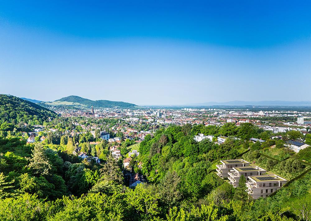 Bild Neubau Eigentumswohnungen Neubauprojekt Tre Zen Freiburg im Breisgau: Vogelperspektive auf das Neubauprojekt