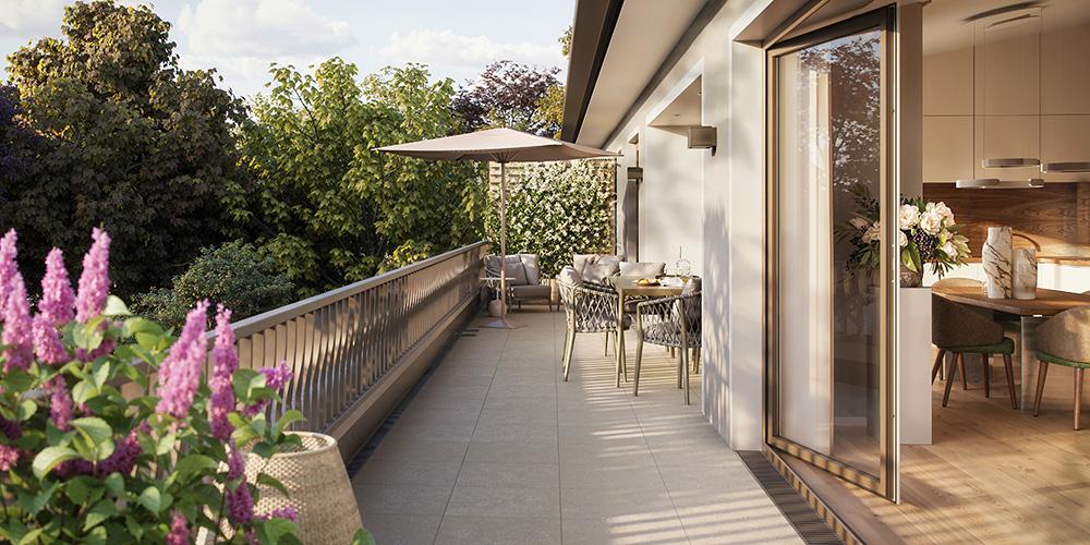 Bild Neubau Eigentumswohnungen Laufenerstraße München: Visualisierung einer Terrasse mit Möbeln