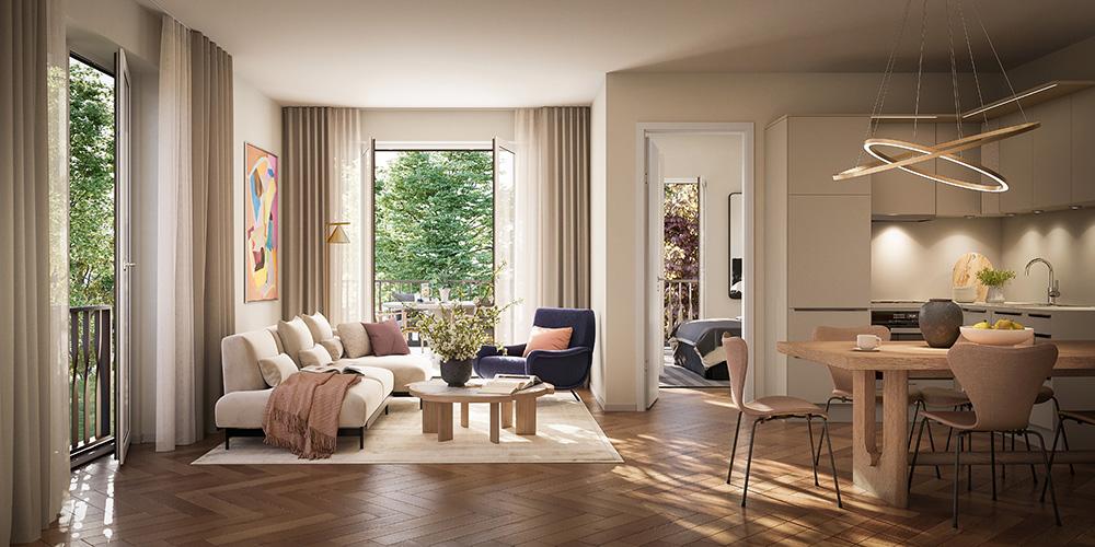 Bild Neubau Eigentumswohnungen Laufenerstraße München: Visualisierung eines hellen Wohnzimmers