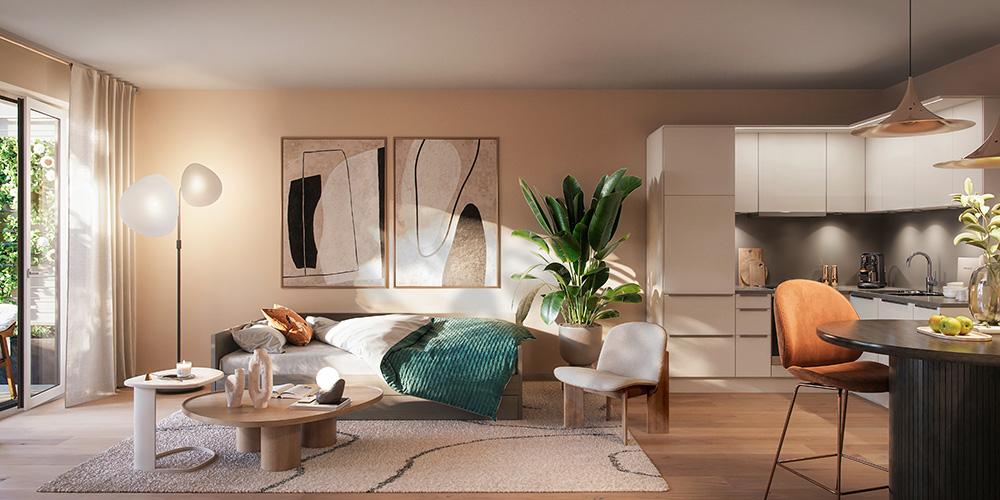 Bild Neubau Eigentumswohnungen Laufenerstraße München: Visualisierung einer offenen Wohnküche