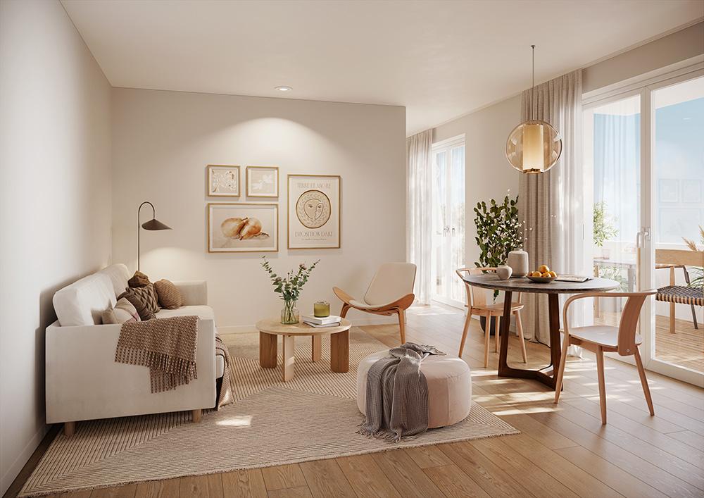 Bild Neubau Eigentumswohnungen Brauweilerstraße Bergheim: Visualisierung eines hellen Wohnzimmers