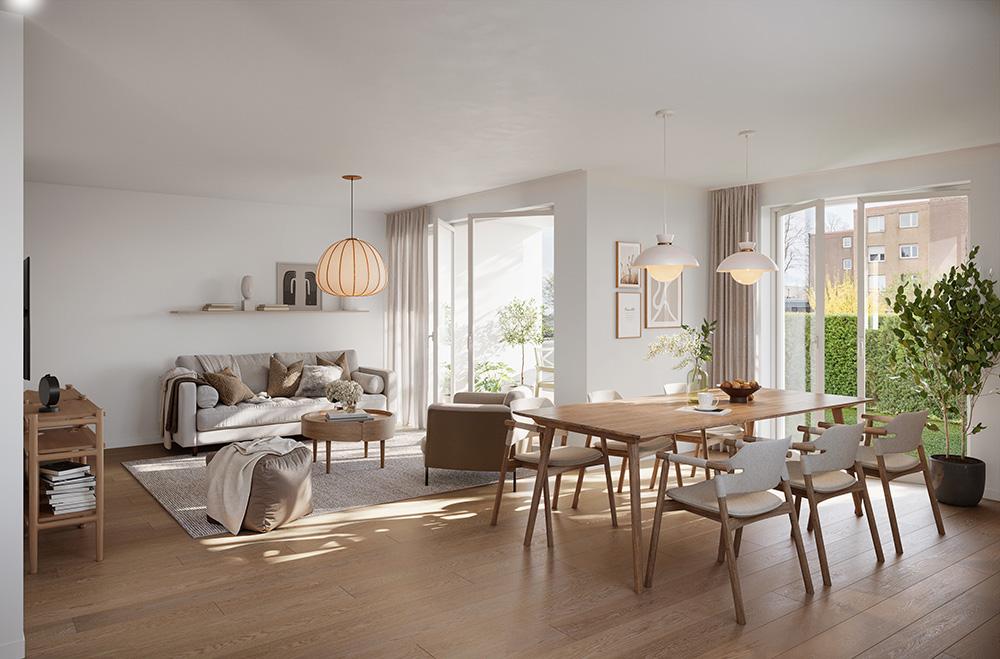 Bild Neubau Eigentumswohnungen Brauweilerstraße Bergheim: Visualisierung eines hellen Wohnzimmers