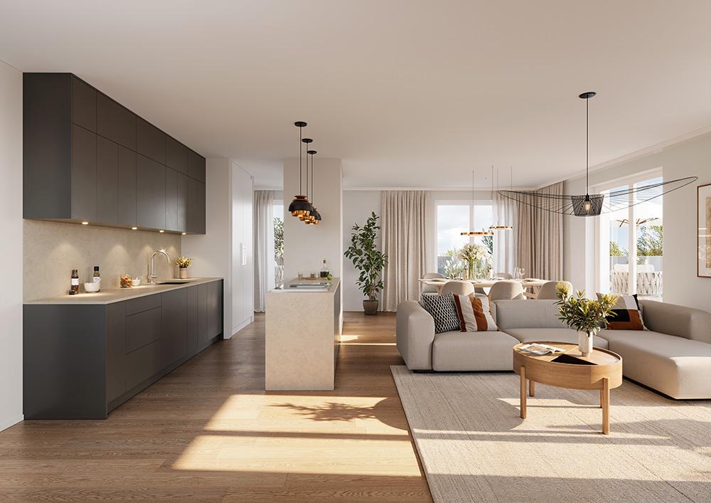 Bild Neubau Eigentumswohnungen Brauweilerstraße Bergheim: Visualisierung einer offenen Wohnküche