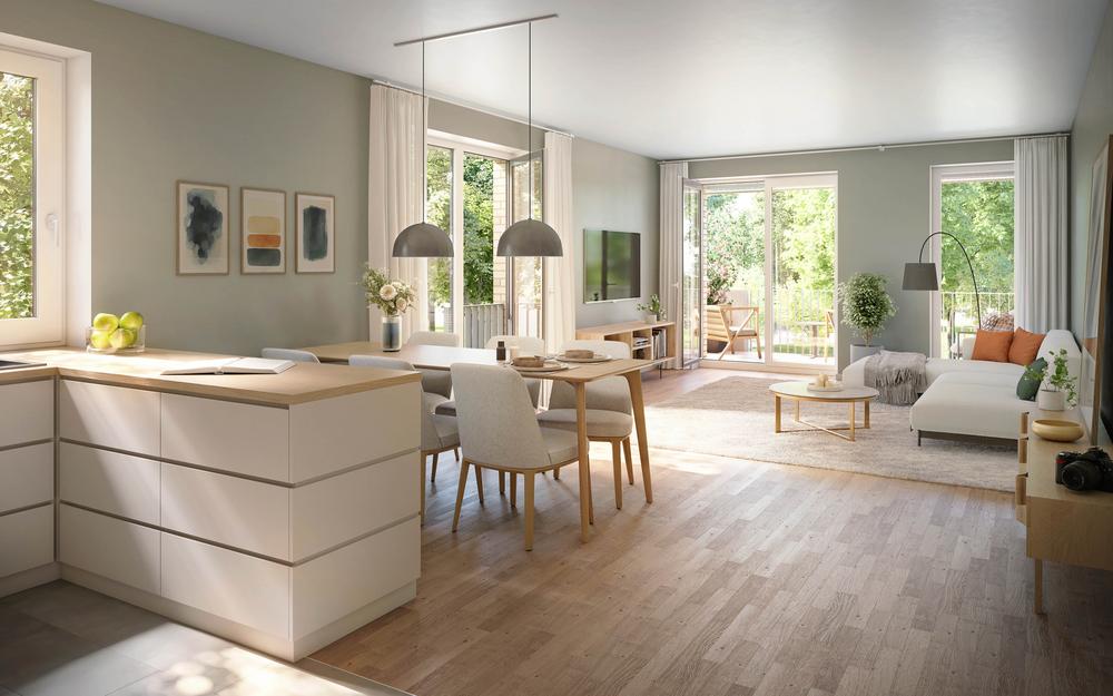 Bild Neubau Eigentumswohnungen Friedrich-Kirsten-Straße Hamburg: Visualisierung eines offenen Wohnküche