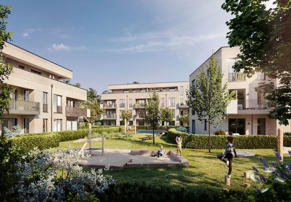 Bild Neubau Eigentumswohnungen Friedrich-Kirsten-Straße Hamburg: Visualisierung von zwei Mehrfamilienhäusern mit Innenhof