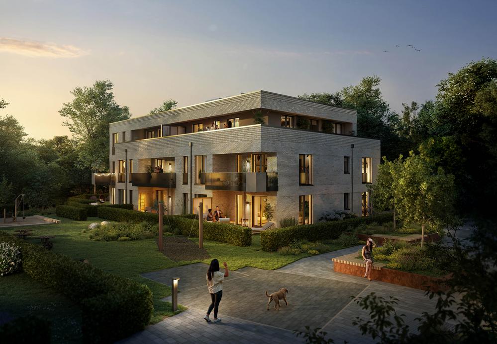 Bild Neubau Eigentumswohnungen Friedrich-Kirsten-Straße Hamburg: Visualisierung eines Mehrfamilienhauses am Abend