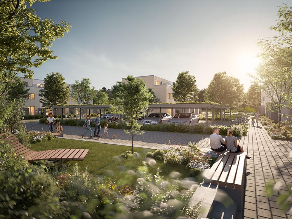 Bild Neubau Häuser Heuglinstraße München: Visualisierung einer Reihenhausanlage mit Menschen