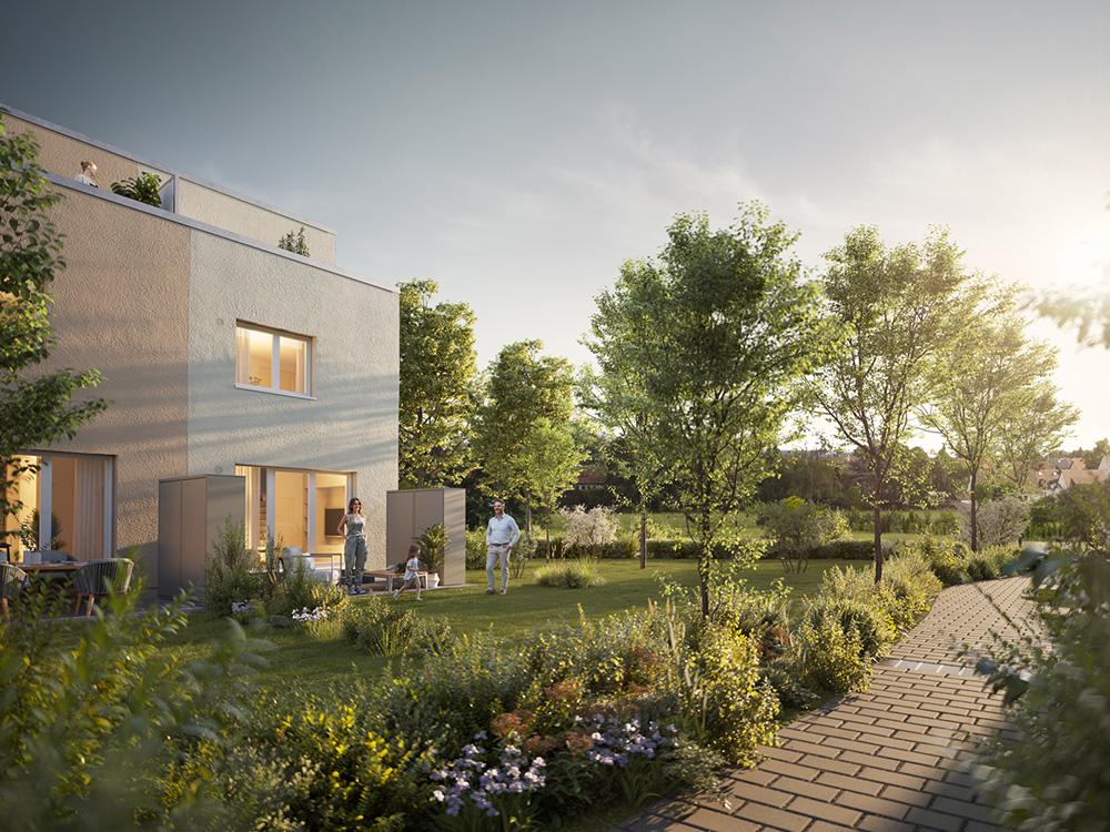 Bild Neubau Häuser Heuglinstraße München: Visualisierung eines Reihenhauses mit Menschen