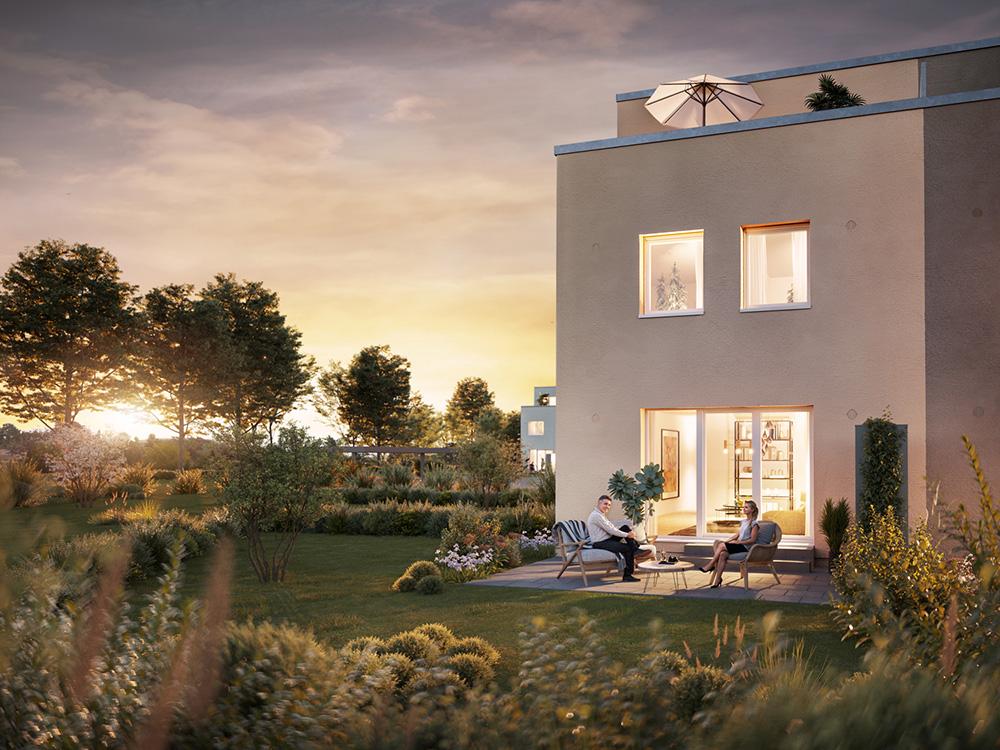 Bild Neubau Häuser Heuglinstraße München: Visualisierung eines Reihenhauses mit Menschen