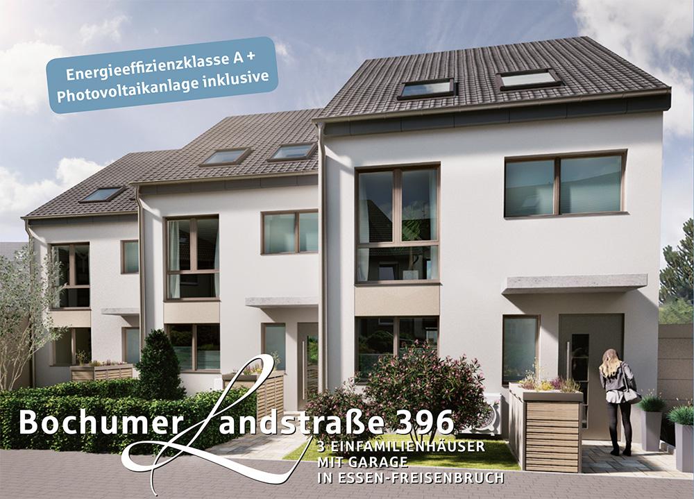 Bild Neubau Häuser Bochumer Landstraße Essen: Visualisierung eines Reihenhauses mit Hinweisen zum Projekt