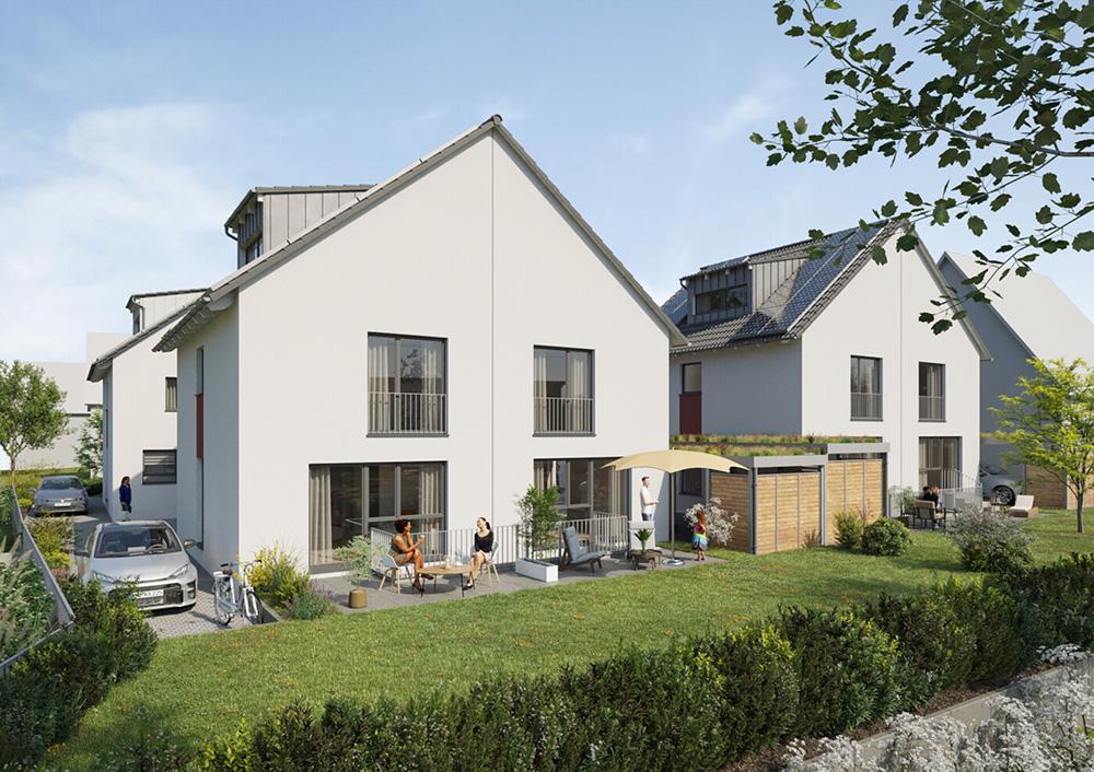 Bild Neubau Häuser Pfeilhofstraße Winnenden: Visualisierung eines Doppelhauses mit Projektinfos