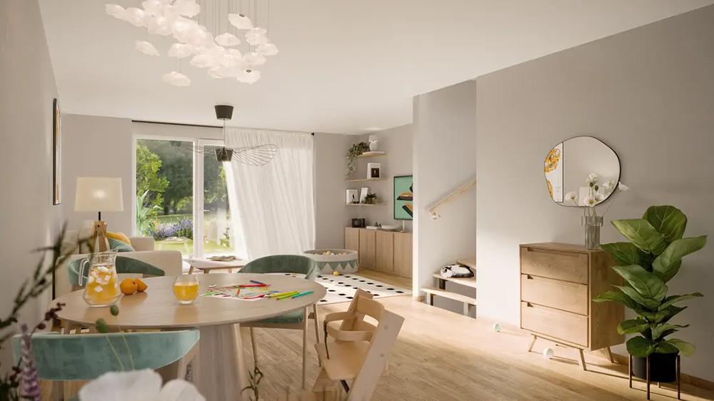 Bild Neubau Häuser Pfeilhofstraße Winnenden: Visualisierung eines hellen Wohnzimmers