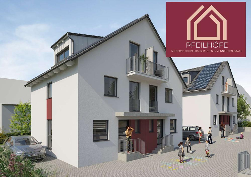 Bild Neubau Häuser Pfeilhofstraße Winnenden: Visualisierung eines Doppelhauses mit Projektinfos