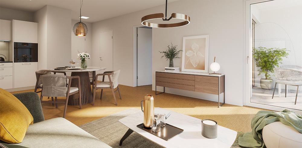 Bild Neubau Seniorenwohnungen Hauptstraße Neckargerach: Visualisierung eines hellen Wohnzimmers