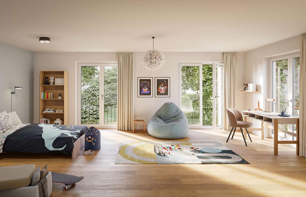Bild Neubau Häuser Starnberg: Visualisierung eines hellen Wohnzimmers