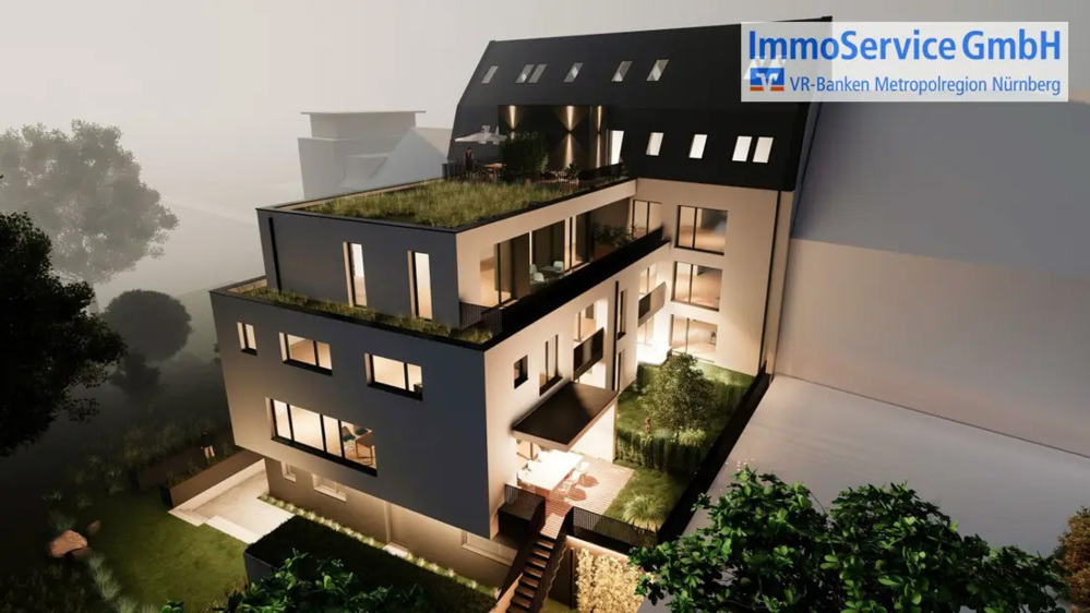 Bild Neubau Eigentumswohnungen Schnieglinger Straße Nürnberg: Nachansichz eines Mehrfamilienhauses mit Radfahrer