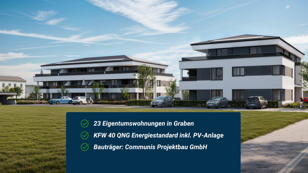 Bild Neubau Eigentumswohnungen Hildegard-von-Bingen-Straße Graben: Visualisierung mit zwei Mehrfamilienhäusern und Infos zum Neubauprojekt