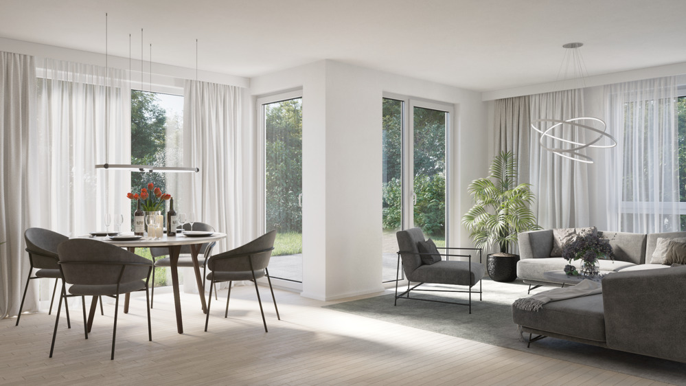 Bild Neubau Eigentumswohnungen Carl-Bender-Straße Wiesbaden: Visualisierung eines hellen Wohnzimmers