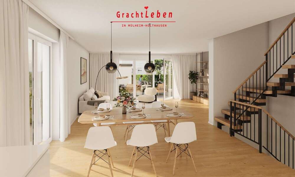 Bild Neubau Häuser Gracht Mülheim an der Ruhr: Visualisierung eines hellen Wohnzimmers