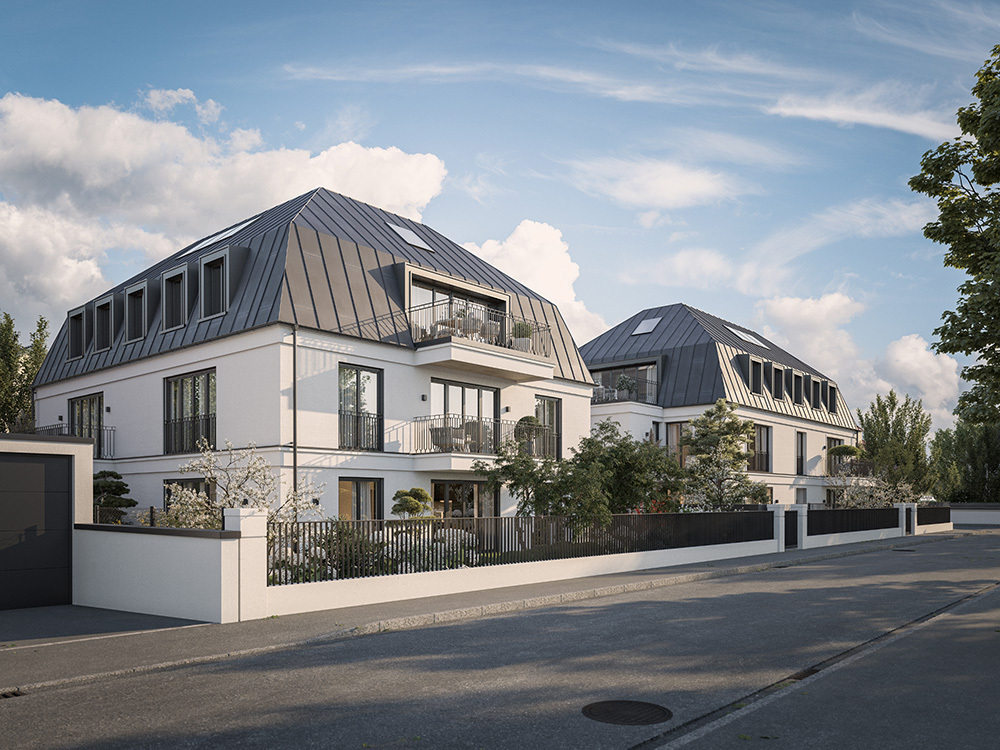 Bild Neubau Eigentumswohnungen und Häuser Marienwerderstraße München: Straßenansicht des Neubauprojekts mit Häusern