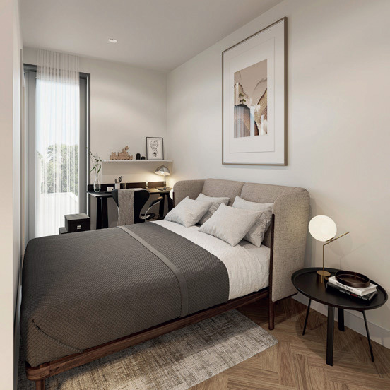 Bild Neubau Studentenapartments Wintrichtring München: Visualisierung eines Schlafzimmers