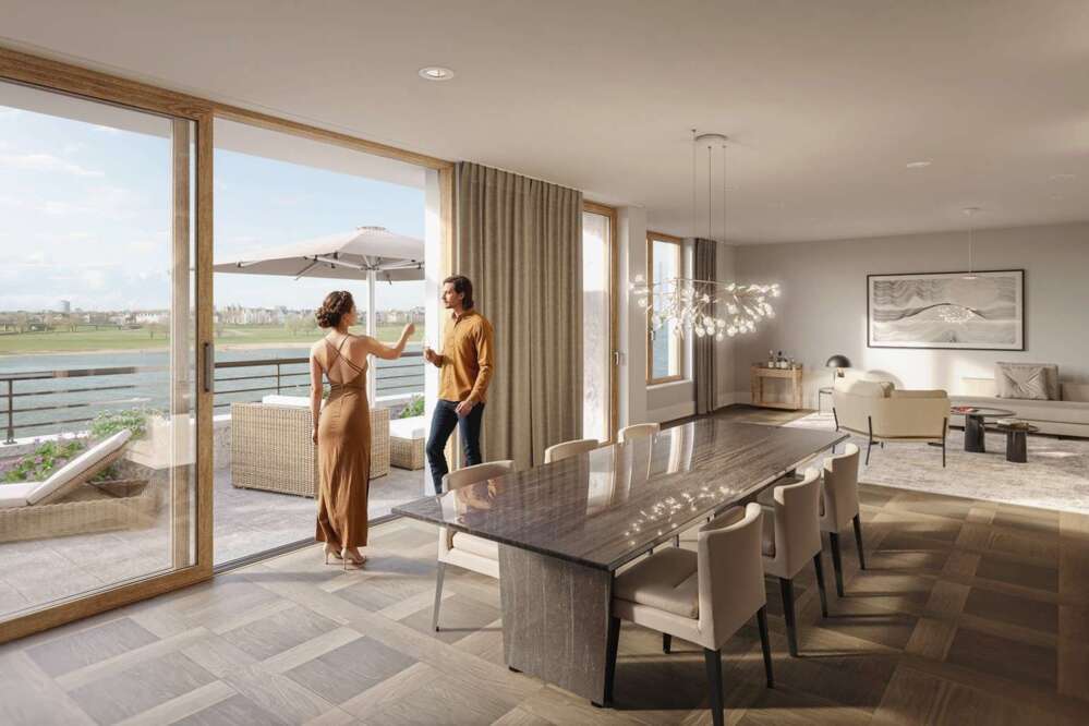 Bild Neubau Eigentumswohnungen Mannesmannufer Düsseldorf: Visualisierung eines Wohnzimmers mit Menschen