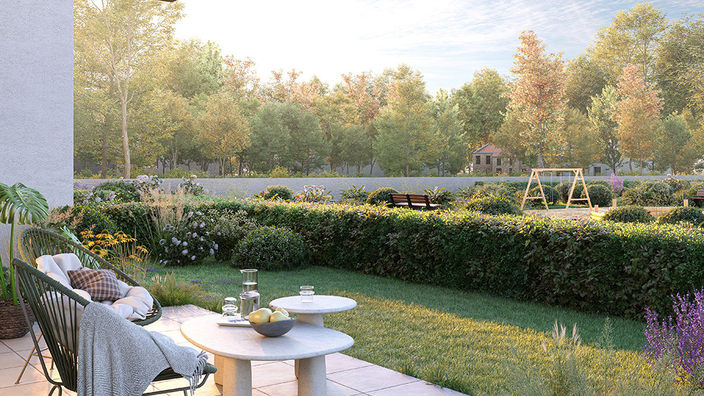 Bild Neubau Eigentumswohnungen Blankenburger Straße Berlin: Visualisierung einer Terrasse mit Blick in einen Garten