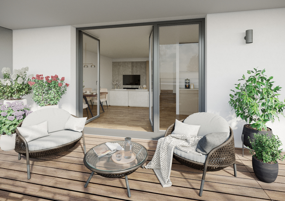 Bild Neubau Eigentumswohnungen Kölner Straße Bergheim: Visualisierung einer Terrasse