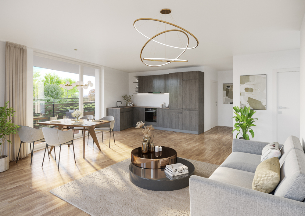 Bild Neubau Eigentumswohnungen Kölner Straße Bergheim: Visualisierung einer offenenen Wohnküche