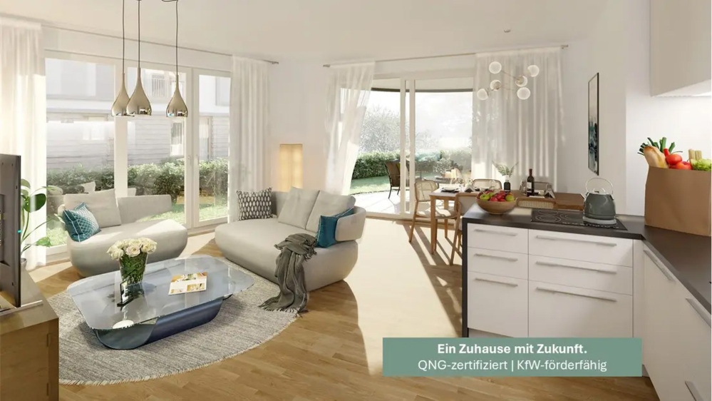 Bild Neubau Eigentumswohnungen Marie-Curie-Straße Langen, Hessen: Visualisierung eines hellen Wohnzimmers