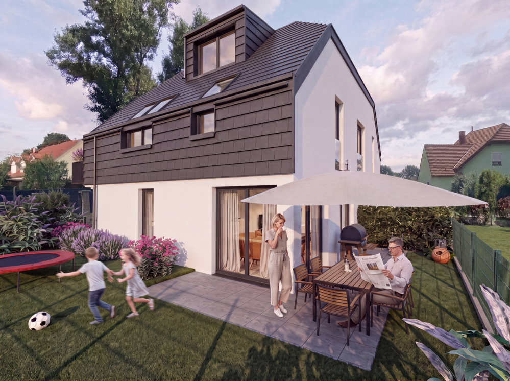 Bild Neubau Häuser Dr.-Skala-Straße Julius-Schlegl-Gasse Wien: Visualisierung eines Doppelhauses mit Garten und Menschen
